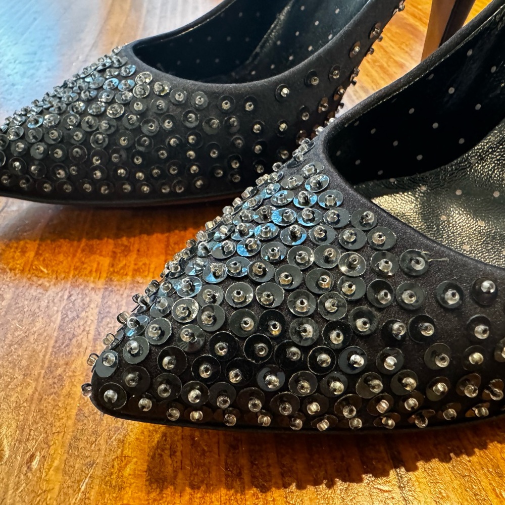 Moschino Cheap & Chic Black Satin Heels w/ Sequins (Size 38.5) - Dust Bag & Box